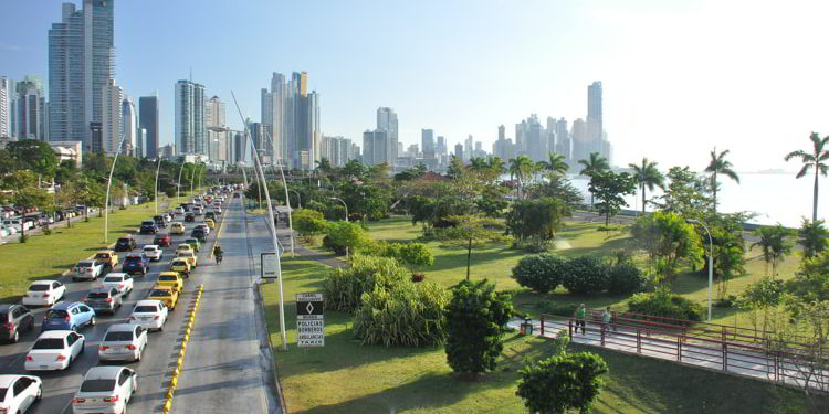 Panama City with high skyscrapers and port on the Pacific coast