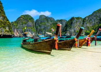 Long-tail boats in Maya Bay, Andaman sea, Thailand