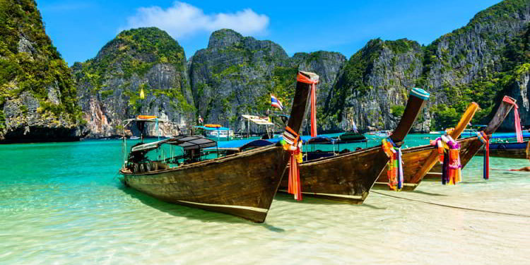 Long-tail boats in Maya Bay, Andaman sea, Thailand