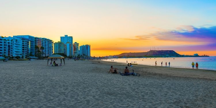 Sunset over Chipipe beach in Salinas, Ecuador