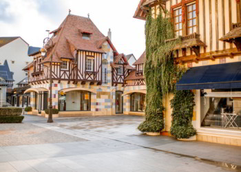 Street view with beautiful old houses in the center of Deauville town, Famous French resort in Normandy