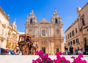 Town square and Saint Poul Cathedral in Mdina village of Malta in Europe. travel in malta