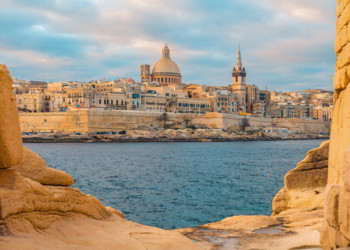 View of Valletta, Malta old town skyline from Sliema city on the other side of Marsans harbor 