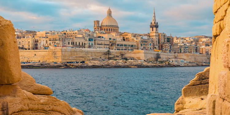 View of Valletta, Malta old town skyline from Sliema city on the other side of Marsans harbor 