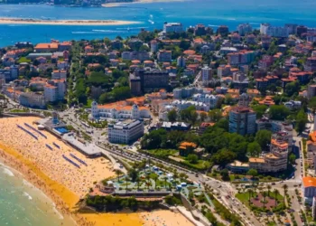 Day aerial cityscape of Santander coast with sand beach, Cantabria, Spain