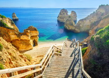 Wooden footbridge to beautiful beach Praia do Camilo near Lagos