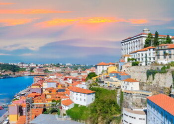 Cityscape panorama of Porto in sunset light, discover spain traditional architecture near Douro river in Portugal