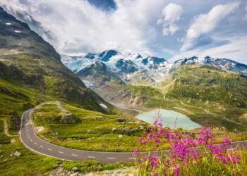 Winding mountain pass road in the Alps