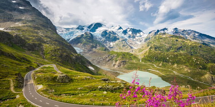 Winding mountain pass road in the Alps