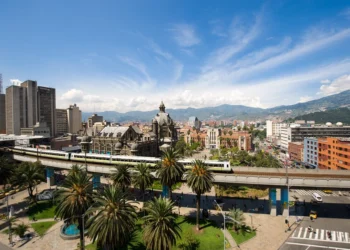 Blue sky view of the metro in Medellin, Colombia.