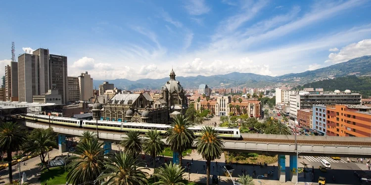 Blue sky view of the metro in Medellin, Colombia.