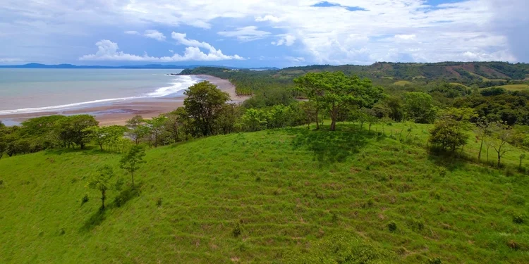 Green meadow with amazing view of tropical beach by the Pacific Ocean