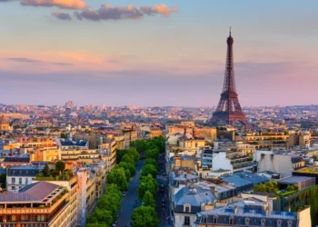 Skyline of Paris with Eiffel Tower in Paris, France