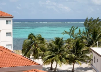 Ambergris Caye coastline with palm trees and stucco roof tiles Belize