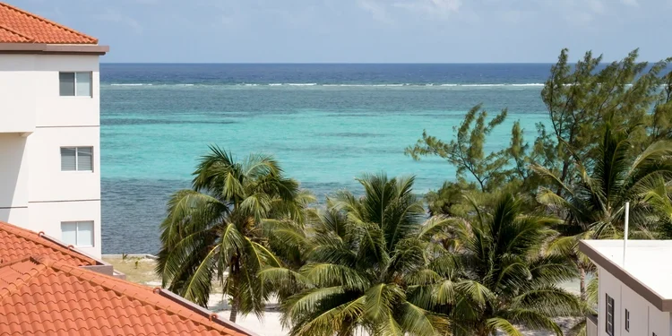 Ambergris Caye coastline with palm trees and stucco roof tiles Belize