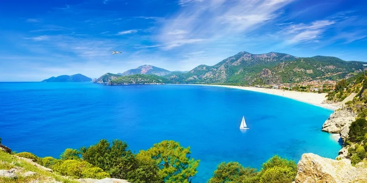 Lagoon and Blue Flag beach in Oludeniz, Fethiye district, Turquoise Coast of southwestern Turkey