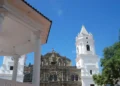 Blue skies in Casco Viejo, Panama. In the background is Panama's Metropolitan Cathedral