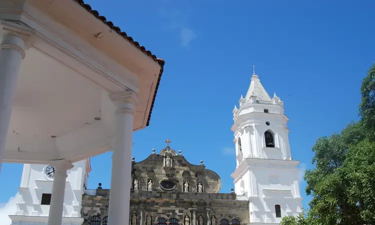 Blue skies in Casco Viejo, Panama. In the background is Panama's Metropolitan Cathedral. retire in panama