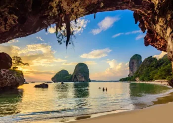 Phra Nang Cave Beach at sunset - Tropical coast scenery of Krabi - Paradise Travel destination in Thailand, better way to retire