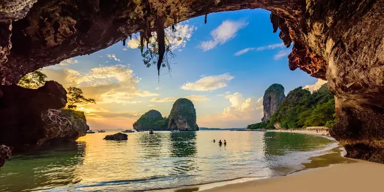 Phra Nang Cave Beach at sunset - Tropical coast scenery of Krabi - Paradise Travel destination in Thailand, better way to retire