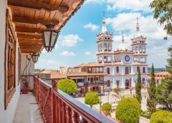 Church of San Cristobal seen from a balcony at Mazamitla town in Jalisco, Mexico