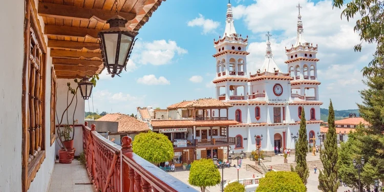 Church of San Cristobal seen from a balcony at Mazamitla town in Jalisco, Mexico