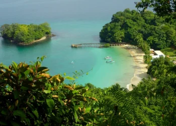 A view from elevatep point over beach in Parque Nacional de Isla Coiba, Panama