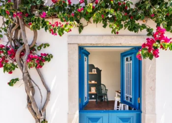 white walls, blue windows in a house