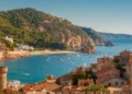 Aerial view of Fortress Vila Vella and Badia de Tossa bay at summer in Tossa de Mar on Costa Brava, Catalunya, Spain