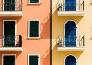 Sunny day with facade of old buildings. store and grow wealth