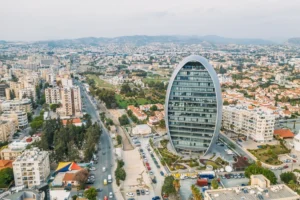 Modern business center with offices in shape of oval or egg in Limassol. cyprus economy