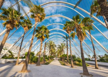 Umbracle modern palm tree park in Valencia, Spain.