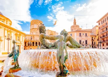 Historic Turia Fountain (Fuente del Turia) with Neptune statue in Valencia