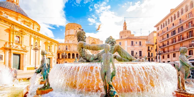 Historic Turia Fountain (Fuente del Turia) with Neptune statue in Valencia