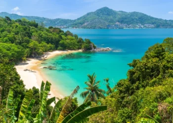 Laem Sing Viewpoint and secret peaceful beach with crystal clear turquoise blue water, Phuket, Thailand