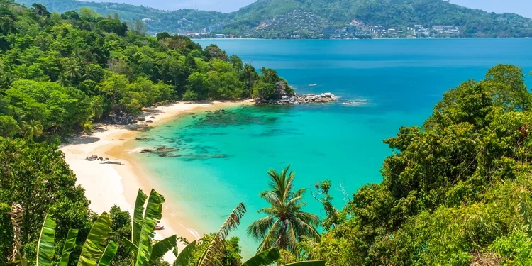 Laem Sing Viewpoint and secret peaceful beach with crystal clear turquoise blue water, Phuket, Thailand