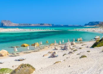 Umbrellas on Balos beach on Crete island, Greece