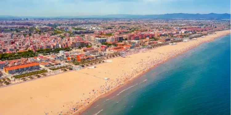 Aerial view Valencia Malvarrosa beach Spain