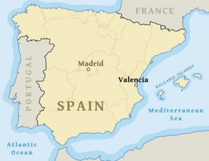 A map of Spain with a pin pointing at Valencia