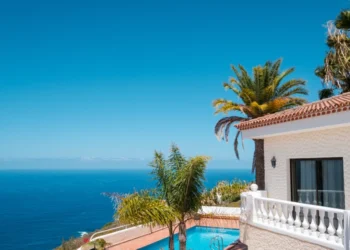 A house with swimming pool, palm trees and ocean sea view.