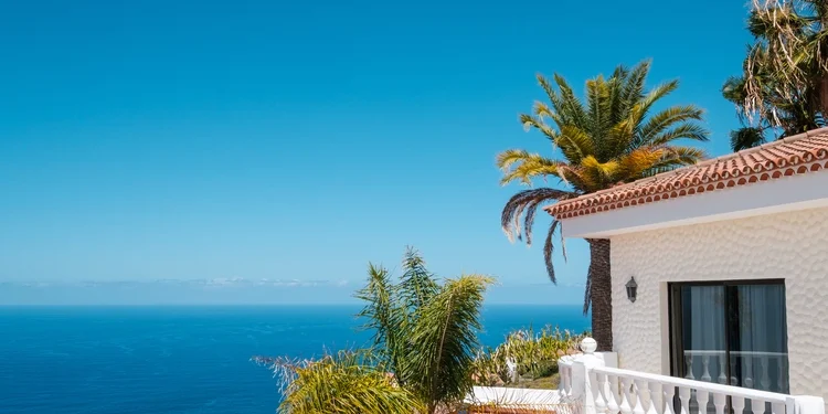 A house with swimming pool, palm trees and ocean sea view.