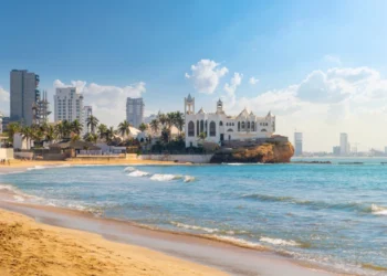 Sandy beach and resorts along the Playa Gaviotas beach at the Golden Zone of the Sinaloa Rivera, at Mazatlan Mexico