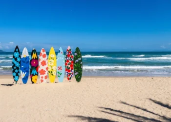 Colorful surfboards displayed on My Khe Beach located in Da Nang, central Vietnam. beach cities