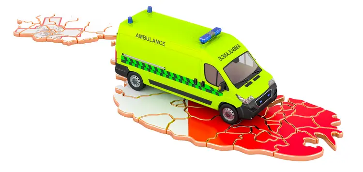 Ambulance van on the Maltese map. health care in malta