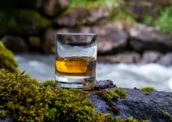 Glass of strong scotch single malt whisky with fast flowing mountain river on background. liquid gold