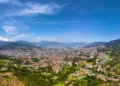 The Medellin city in the Andes Mountains Colombia aerial panorama view