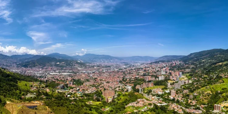 The Medellin city in the Andes Mountains Colombia aerial panorama view