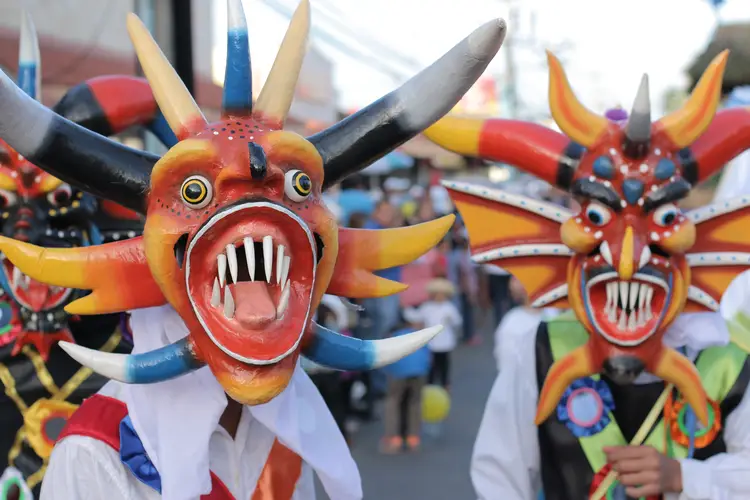 A group of colorful devils or diablicos sucios in panama herrera chitre