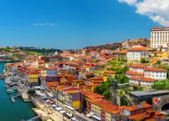 Porto, Portugal panoramic view of old town Oporto from Dom Luis bridge on the Douro River