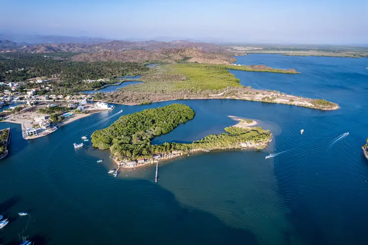 Island in the middle of the lagoon of Barra de Navidad beach, cihuatlan, Jalisco, mouth of river, Melaque Beach, Costalegre. mexico bahia de navidad